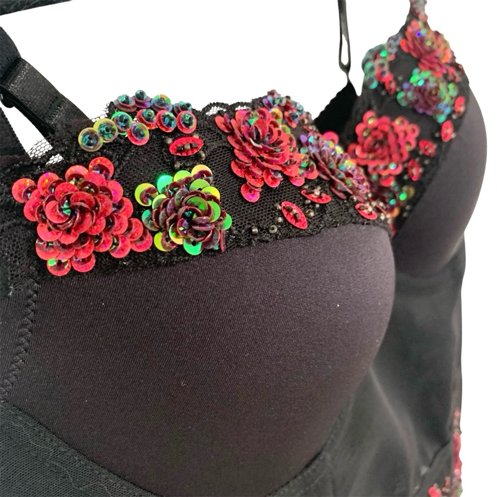 Bebe Black Floral Beaded and Sequin Adjustable Mesh Bustier B/C Cup Small